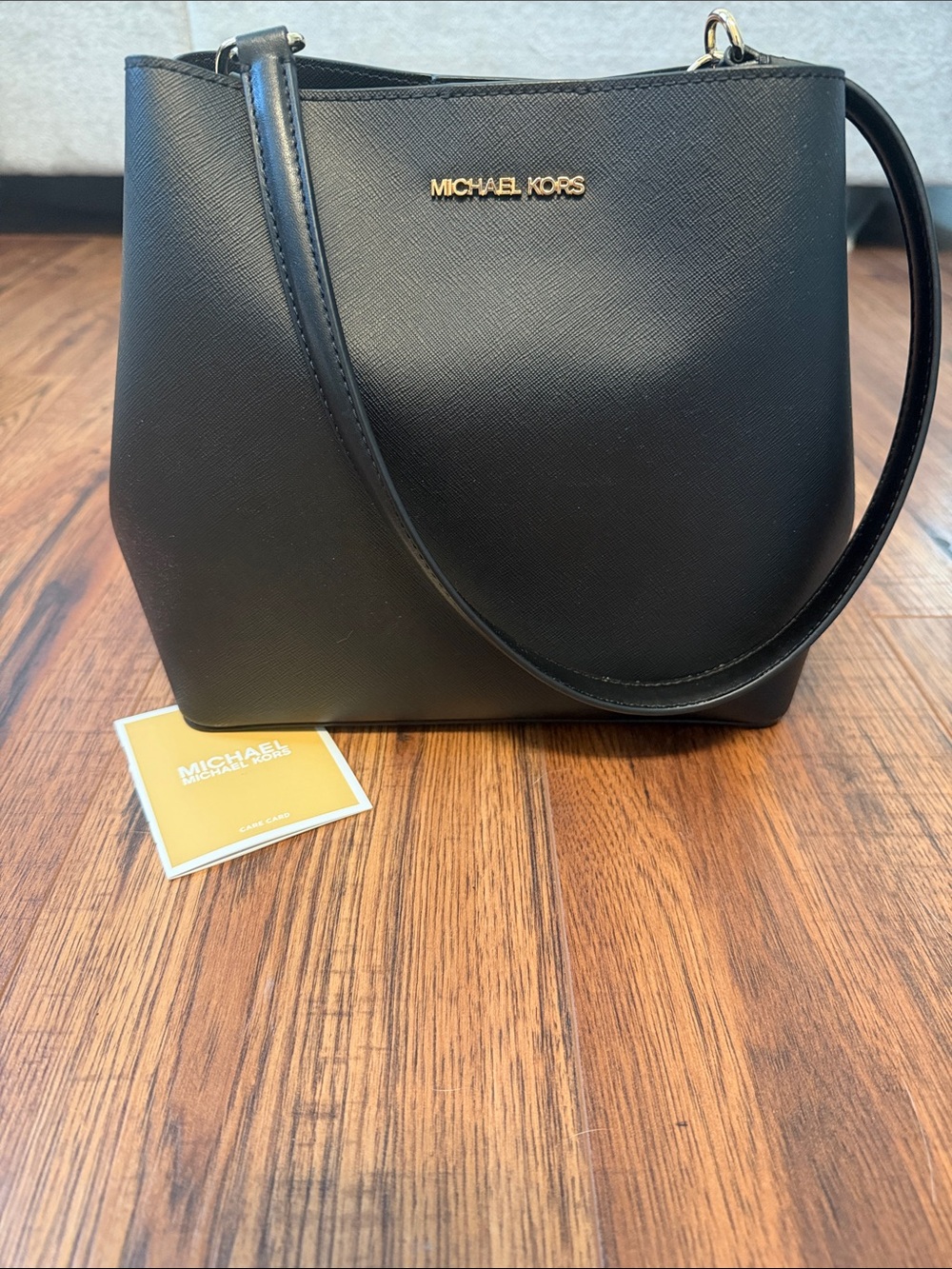 Michael Kors Black Saffiano Leather Shoulder Bag with Gold Logo